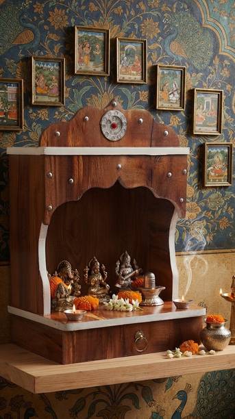 Bhagwati Enterprises Wooden Temple for Home | Pooja Mandir with Door for Home & Office Decor Solid Wood Home Temple