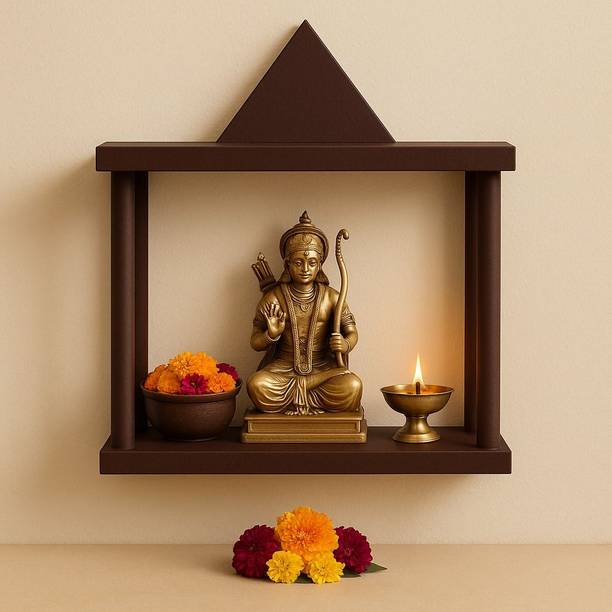 Furniza Traditional MDF Wooden Temple with Shikhara Top – Compact Open Pooja Mandir | Engineered Wood Home Temple