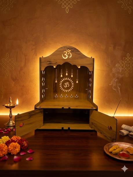 Expro Om Bell Design Wooden Pooja Mandir with Doors Solid Wood Home Temple