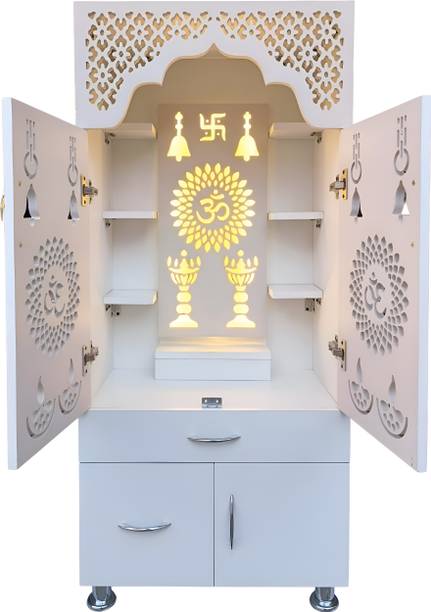 The Wooden Factory White Wooden Temple for home and Office With decorative LED Light Engineered Wood Home Temple