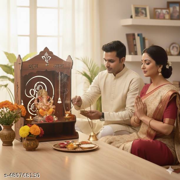 Aadarsh Shubh Pooja Wooden Wall Mandir Home Temple / Ghar Ka Mandir Ganesh Design Engineered Wood Home Temple