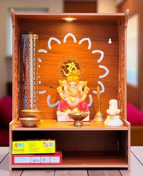 HOODWIN Pooja Mandir Home Office with LED Light H- 18 L- 16 W -8.75 In Home Temple Engineered Wood Home Temple