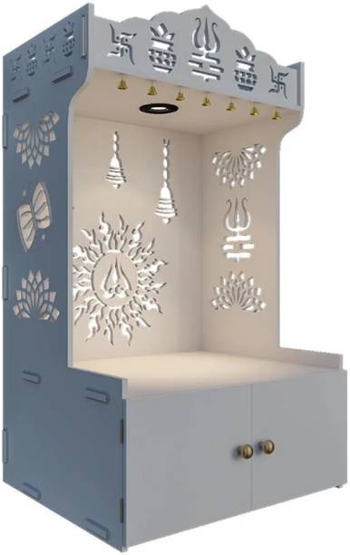 Homscape Surya Chakra Mdf Wood Temple with Spacious Shelf & Inbuilt Focus Light White Engineered Wood Home Temple