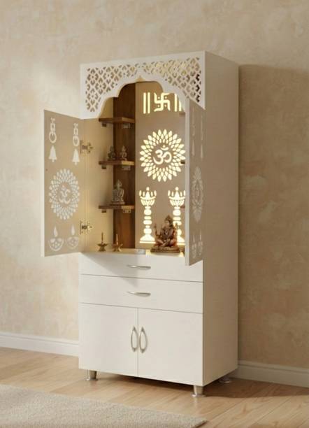 The Wooden Factory Modern Wooden Home Mandir with LED Lighting, Traditional Om & Swastik Cutwork Engineered Wood Home Temple