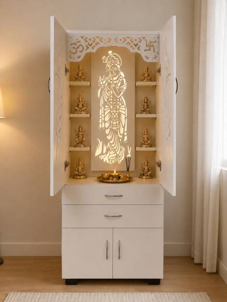 De Craftinia Homes Krishna Design Pooja Mandir with Light, Pooja Tray & Drawer Storage Cabinet Engineered Wood Home Temple