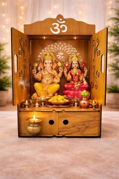 Expro Ganesh Design Wooden Mandir with Drawer Storage Engineered Wood Home Temple