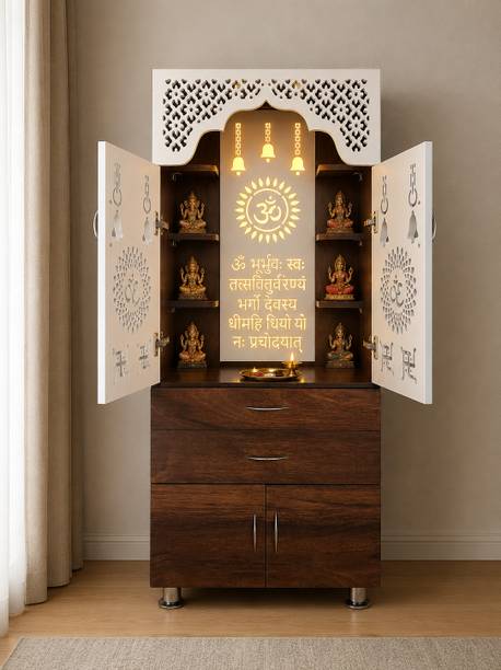 The Wooden Factory Dark Brown Temple For Home and Office With LED Light, Storage Cabinet & Drawers Engineered Wood Home Temple