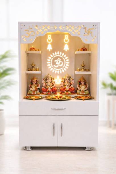 KANAKVEERA CRAFT Wooden temple/Modern Home Temple with LED Om Design Engineered Wood Home Temple