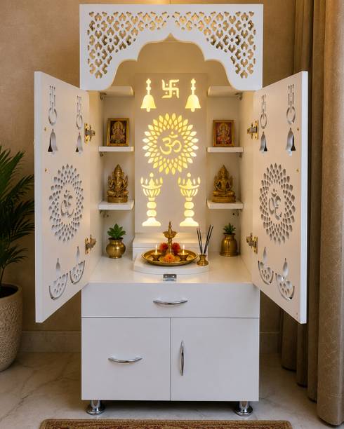 दे क्राफ्टिनिया होम्स White Wooden Temple for Home with LED Backlit Panel, Storage Cabinet & Drawer इंजीनियर वुड घर का मंदिर