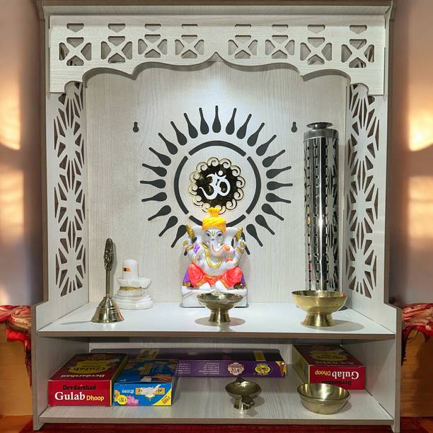 HOODWIN Pooja Mandir Home Office with LED Light H- 18 L- 16 W -8.75 In Wood Temple Engineered Wood Home Temple