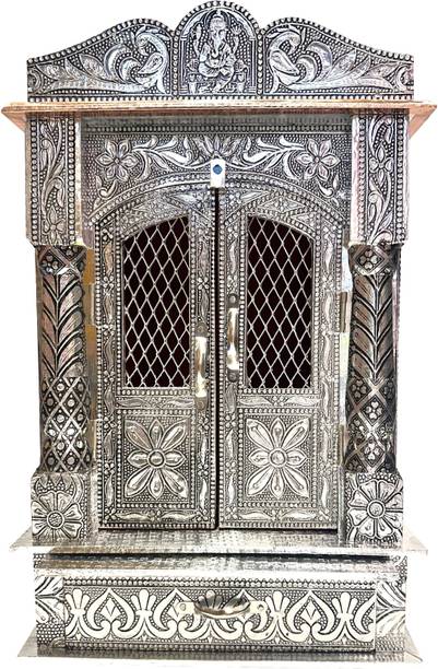RS HANDICRAFT AND MARBLES Wooden office n home temple silver oxidised coated 10L*6D*16H inches Solid Wood Home Temple
