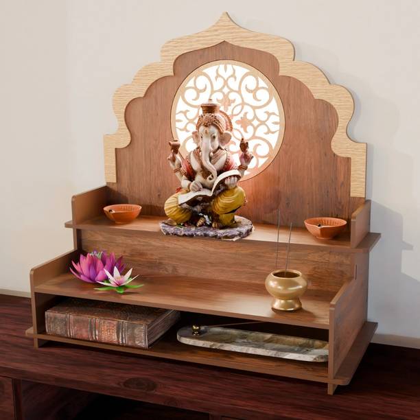 Nived Narmada Backlight Mandir 21 inch Wide Wall Mount Poojaghar Color Walnut Engineered Wood Home Temple