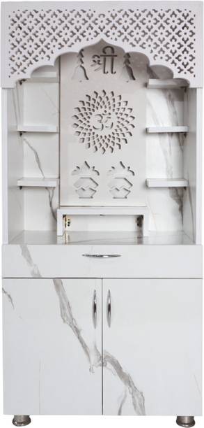 TheTempleHouse White Marble Finish Temple for Home with LED Shree Om Panel & Storage Engineered Wood Home Temple