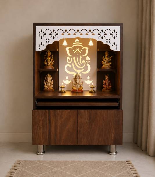 The Wooden Factory Dark Brown Pooja Mandir for Home with LED Light, Storage Cabinet & Shelves Engineered Wood Home Temple