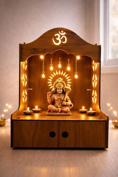 Expro Wooden Temple for Home with LED Light & Storage Drawer | (Walnut Finish) Solid Wood Home Temple