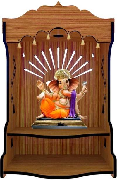 Quickmart Wooden Pooja Mandir with Bells & Sunray Design for Home Temple Solid Wood Home Temple