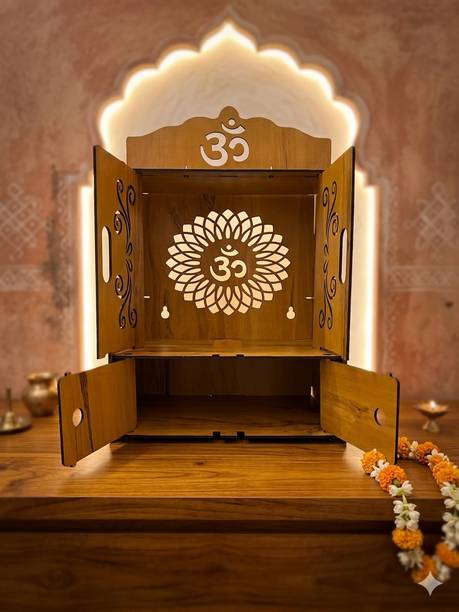 Expro Om Divine Lotus Glow Wooden Mandir Solid Wood Home Temple
