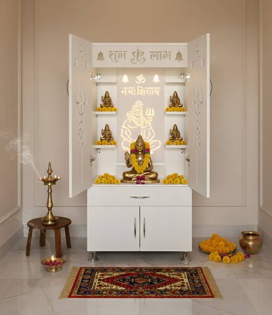 The Wooden Factory White Shiv Mandir with 'Om Namah Shivaya' LED Light | Trishul Cutouts Design Engineered Wood Home Temple