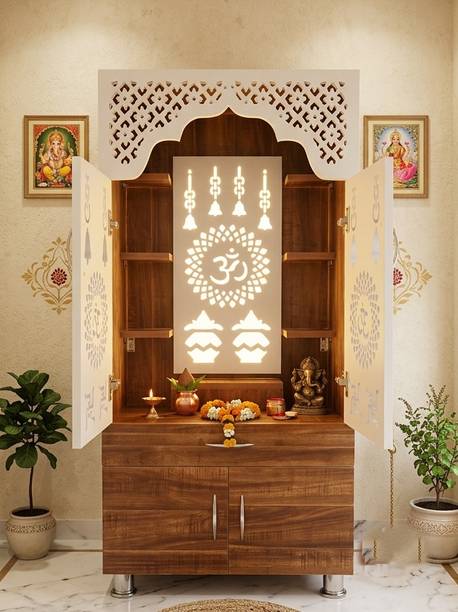 Kankveera crafts Premium Wooden Mandir for Home with Storage/Decorative Om Design Prayer Unit Engineered Wood Home Temple