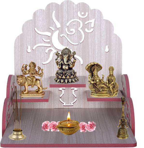 LAKHAJI Beautiful MDF Wooden Temple, Home Temple, Pooja Mandir, Wall Hanging and Table Top Home Mandir Temple, Home Decor Beautiful Wooden Temple with Stylish Om Design, (28*26*28 cm) Engineered Wood Home Temple