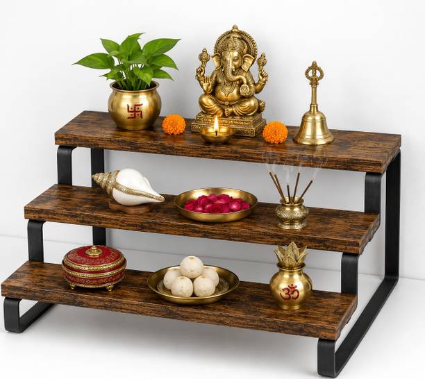 CarvCraftDecor Handcrafted Wooden Pooja Chowki Stand Engineered Wood Home Temple