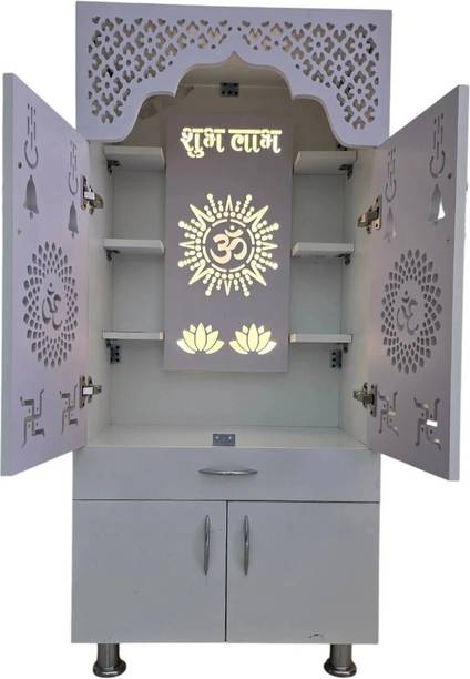shivoja Designer Temple for Home/Pooja Mandir with Led Light and storage Engineered Wood Home Temple