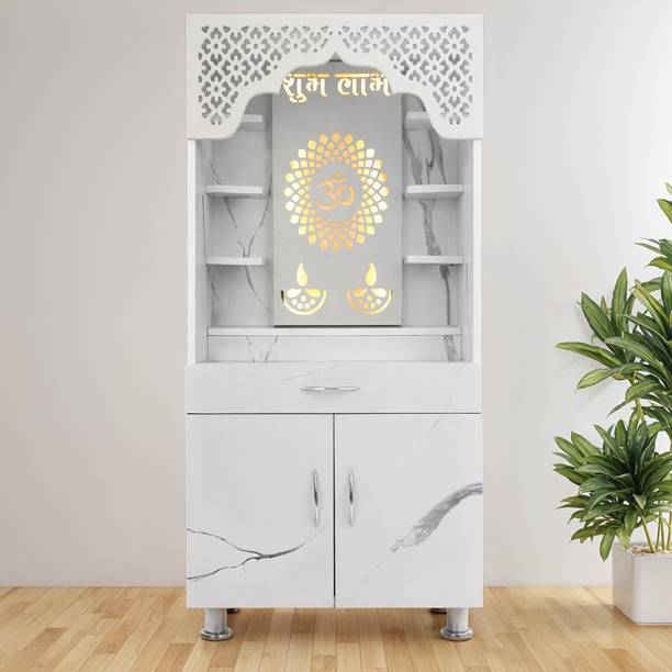 Old Wolf Furniture Wooden Mandir Temple With Decorative LED Light Engineered Wood Home Temple
