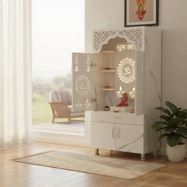 Shlok White Marble Wooden Temple with LED Light Engineered Wood Home Temple