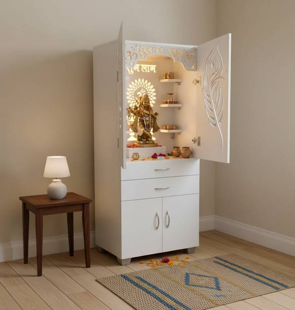 God Of Decor White Mor Pankh Design Large Wooden Home Temple/Pooja Unit/Home Mandir Engineered Wood Home Temple