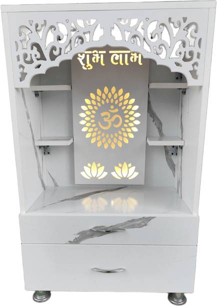 shivoja White Wooden Temple With LED Light Engineered Wood Home Temple