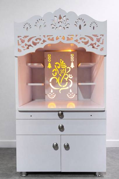 RK Modular Furniture Wooden Home Temple with LED Ganesh Design | Modern Pooja Mandir with Drawer Engineered Wood Home Temple