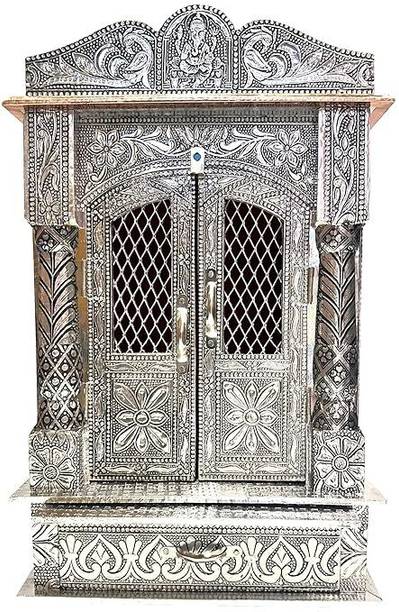 RS HANDICRAFT AND MARBLES wooden temple silver oxidised 10*6 inch Solid Wood Home Temple