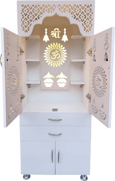 The Wooden Factory White Corian Design Large Wooden Pooja Mandir With LED Light Engineered Wood Home Temple