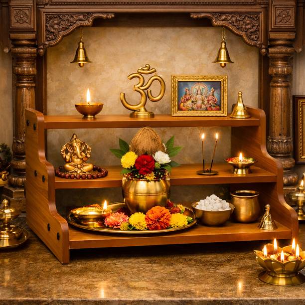 TAXOZY Wooden Three Tier Kitchen Rack for spices, Pooja rack. Engineered Wood Home Temple