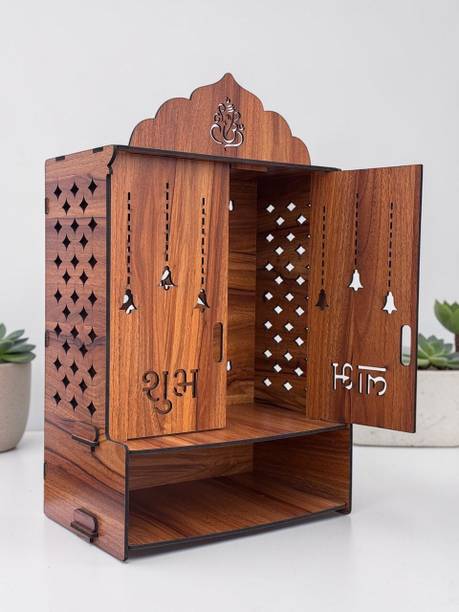 Gloridec Wooden Temple for Home with Door, Storage & LED Lighting Engineered Wood Home Temple