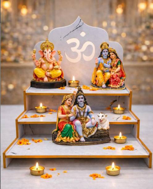 Expro Wooden Wall/Countertop Temple for Home | 3 Step Pooja with Om Design Engineered Wood Home Temple
