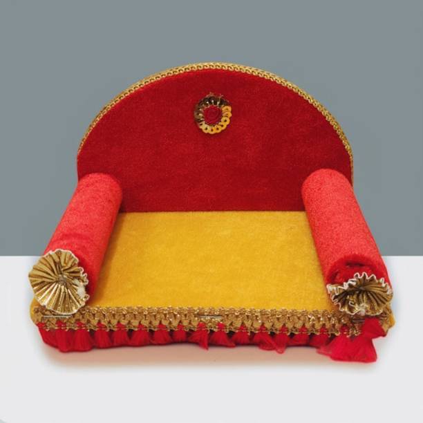 TATV QALAA Laddu Bal Gopal Krishna Wooden Singhasan(Velvet)(Red and Yellow) (For Sizes 0-5) Solid Wood Home Temple