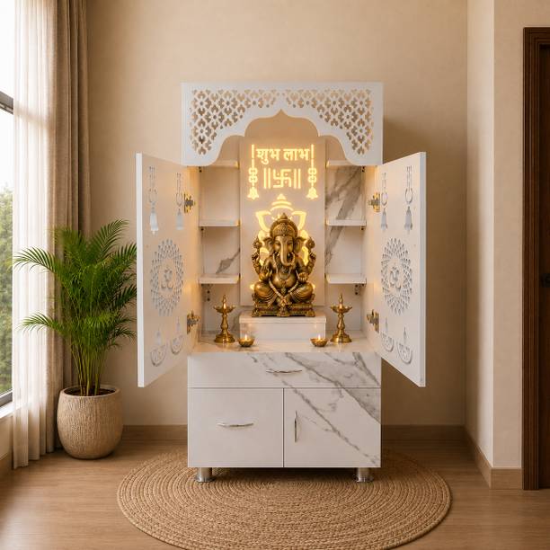 The Wooden Factory White Marble Finish Wooden Pooja Mandir | CNC Design | LED Light | Storage Unit Engineered Wood Home Temple