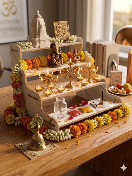 Expro Modern 3-Tier Marble-Finish Open Puja Mandir & Spiritual Organizer. Solid Wood Home Temple