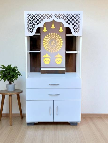 The Wooden Factory Premium Large Multicolor Home/Office Temple with inbuilt light and CNC OM symbol Engineered Wood Home Temple