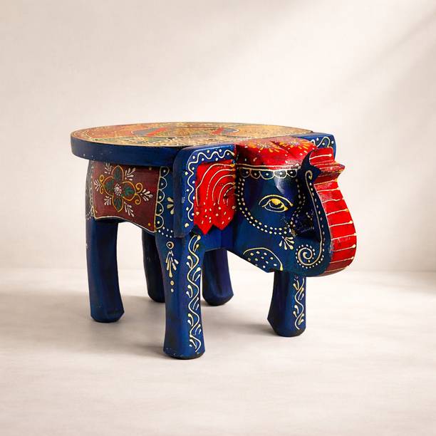 SwadeshiStoreIndia Handpainted Wooden Elephant Chowki Stool (Blue, 8x11x8 Inch) Solid Wood Home Temple