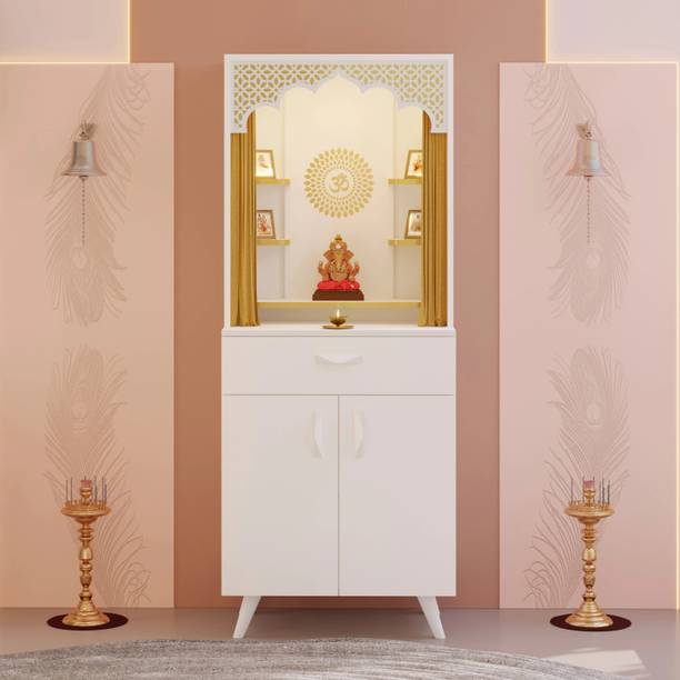 Bluewud Sharnam Pooja Mandir for Home with Storage Cabinet, Drawer & Decorative Jaali Engineered Wood Home Temple