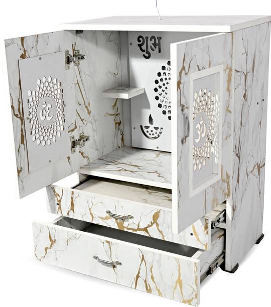 MARECARA WOODS “MARECARA Divine White Mandir – LED Light & Door | Marble Finish Engineered Wood Home Temple