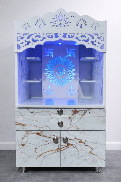 RK Modular Furniture Designer Pooja Mandir for Home | Wooden Temple with LED Backlight, Drawer Engineered Wood Home Temple