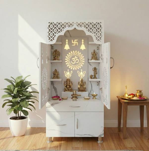 The Wooden Factory Marble home temple/Temple Unit with LED Backlight/ Om Symbol and Swastik Design Engineered Wood Home Temple