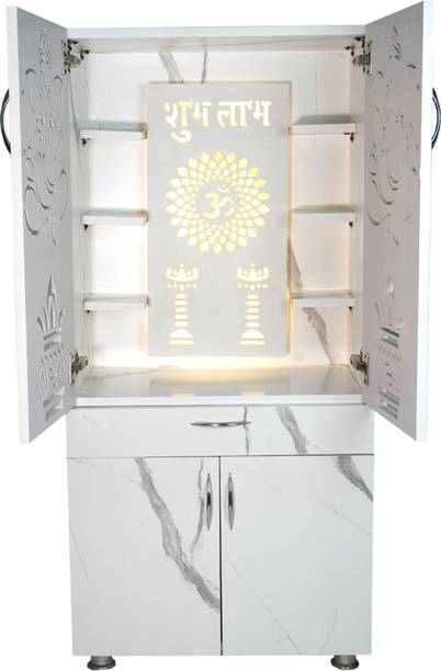 NITAYRA Modern Wooden Mandir For Home with LED Light & Storage for Home Temple Engineered Wood Home Temple