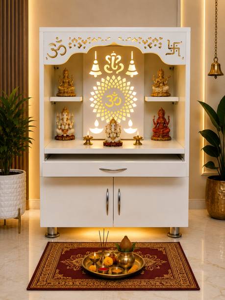 ArhantaCraft Premium quality White Home Temple|Pooja Unit|Pooja Mandir| inbuilt LED light Engineered Wood Home Temple