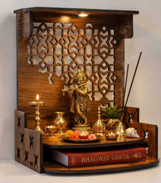 Gojeeva Engineered Wooden LED Temple Handcrafted Design Pooja Mandir for Home & Office Engineered Wood Home Temple