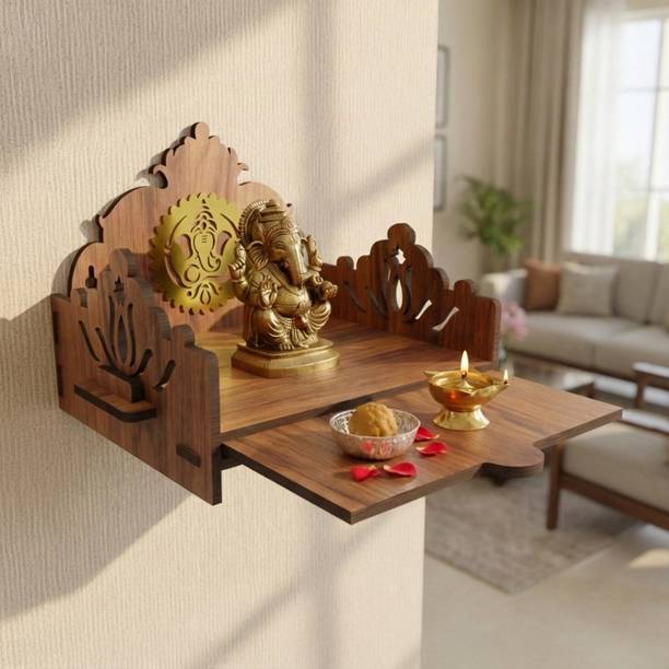 Nived Purna Ganesh Mandir 23cm Wide Pull-out Tray Engineered Wood Wall-Mount Poojaghar Engineered Wood Home Temple
