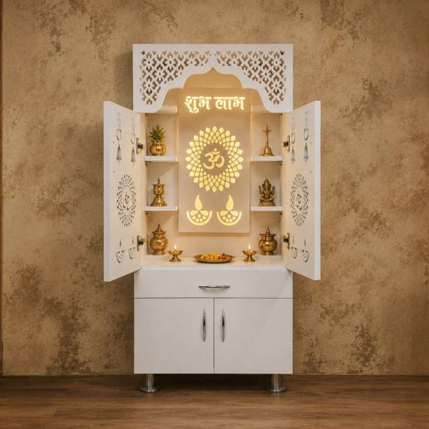 Old Wolf Furniture Big Home Temple For Home | Pooja Mandir With Doors, LED Light & Storage | White Engineered Wood Home Temple